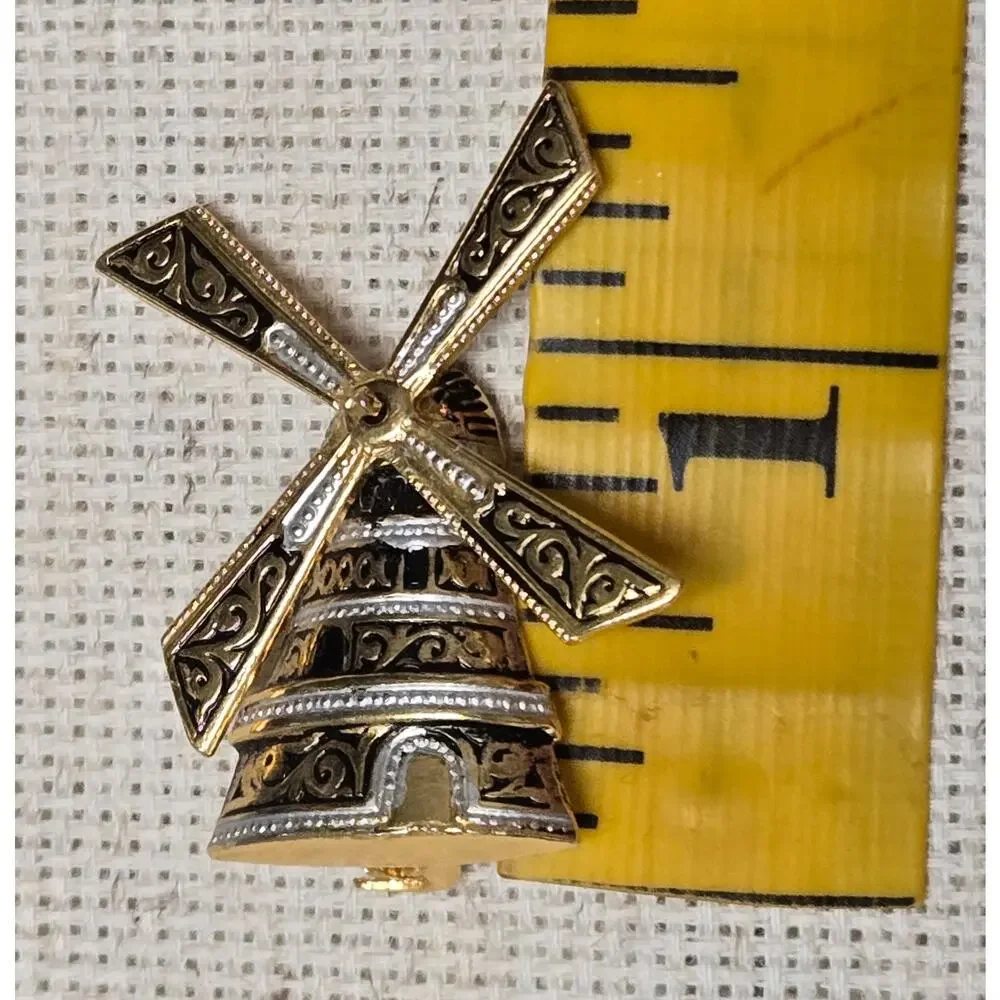 Vintage Spain Damascene Windmill Brooch Spins